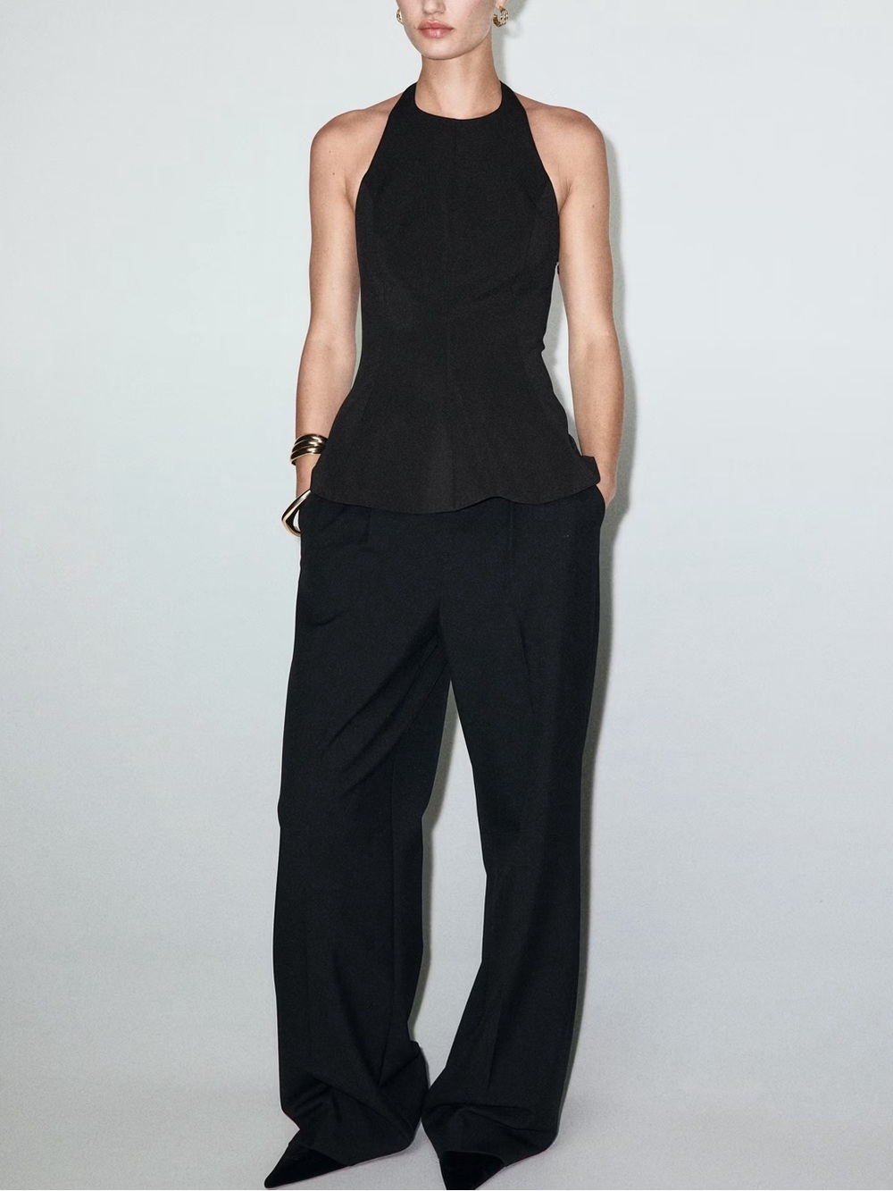 Mango Black Peplum Top with Halter Neck Size Medium BNWT